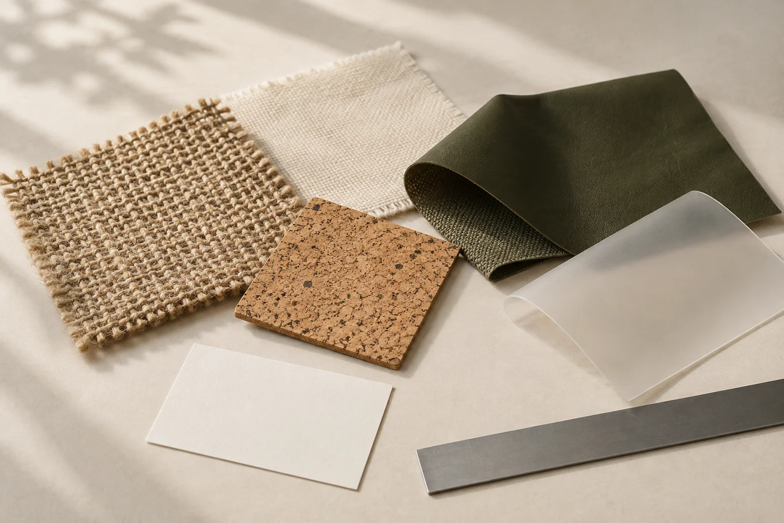 Illustrated comparison of woven fibres, cork, a coated textile and a polymer film